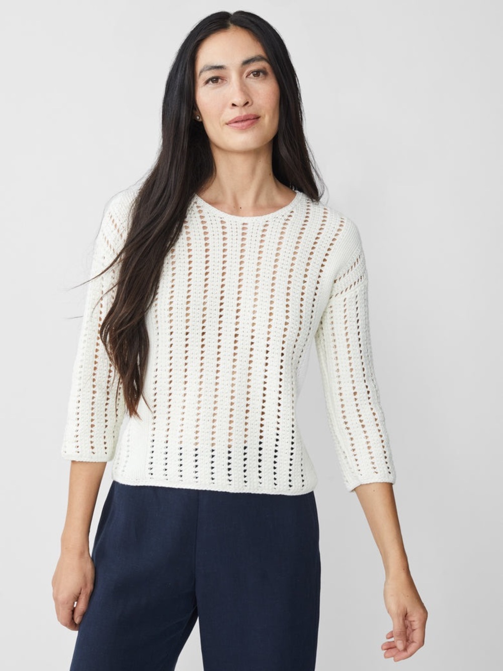 J. McLaughlin Keira Sweater Ivory Egret White Open Knit Pointelle L